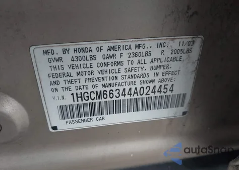 2004 Honda Accord 3.0 Lx from USA, damaged, VIN 1HGCM66344A024454